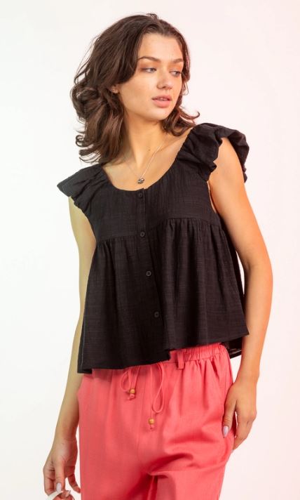 Very J Black Ruffled Shoulder Linen Babydoll Top NT11114