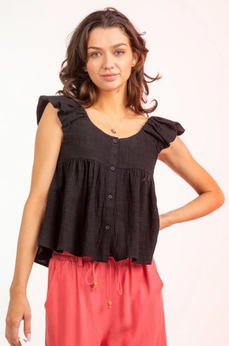 Very J Black Ruffled Shoulder Linen Babydoll Top NT11114