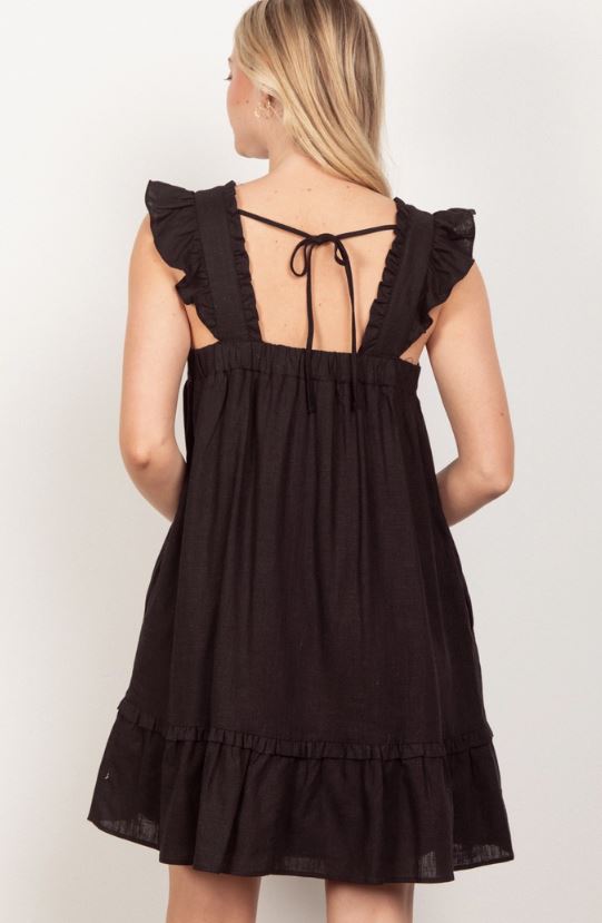 Very J Black Ruffled Solid Linen Backless Women's Mini Dress ND31184-BLK