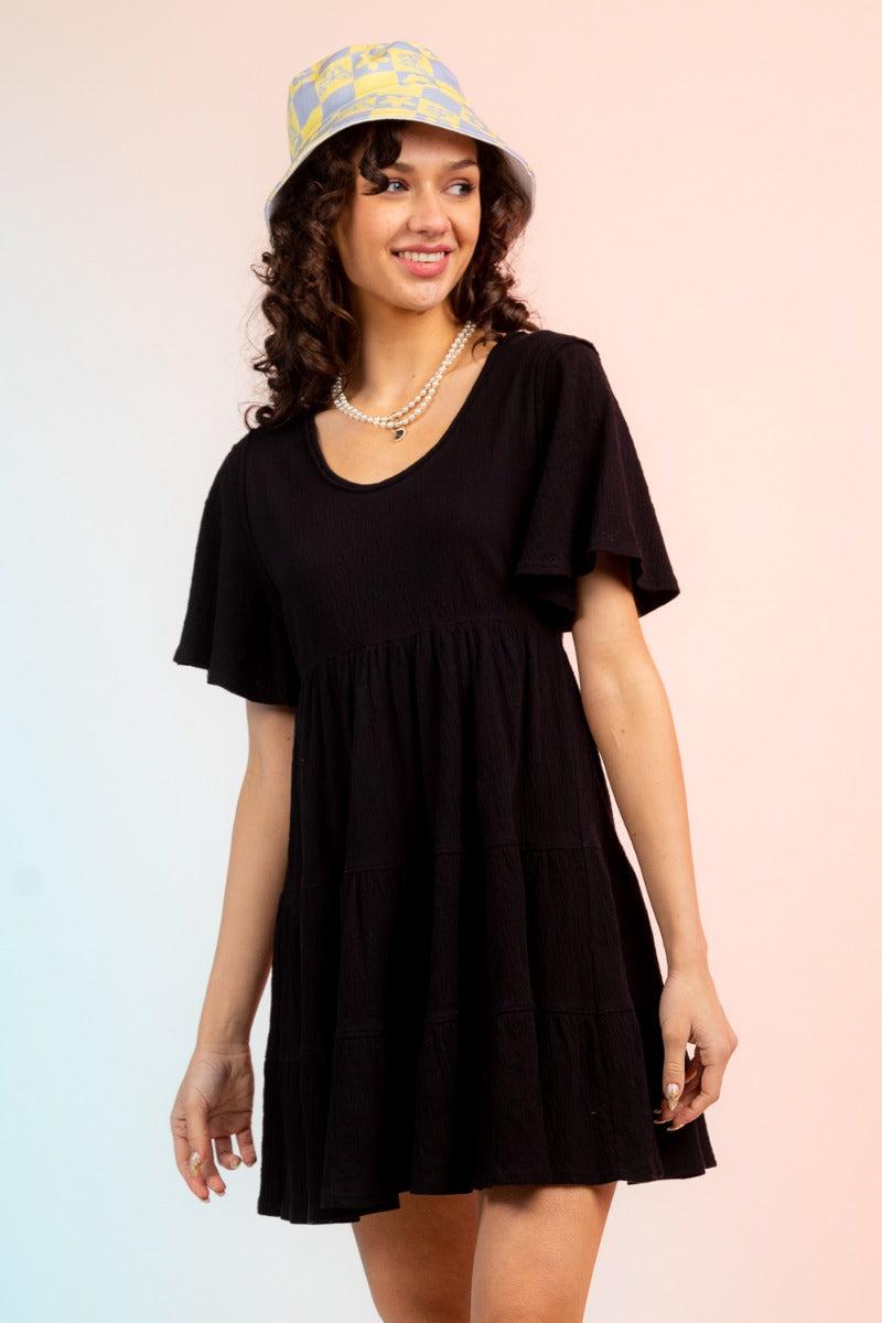 Very J Black Women's Short Sleeve Dress Multi-Tier Babydoll Mini Dress ND30832-BLK