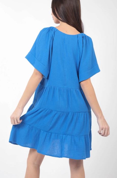 Very J Blue Solid Babydoll Tiered Flare Mini Dress ND31159