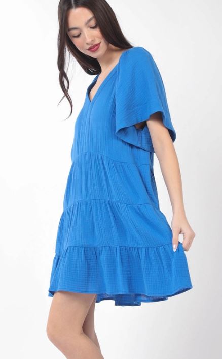 Very J Blue Solid Babydoll Tiered Flare Mini Dress ND31159