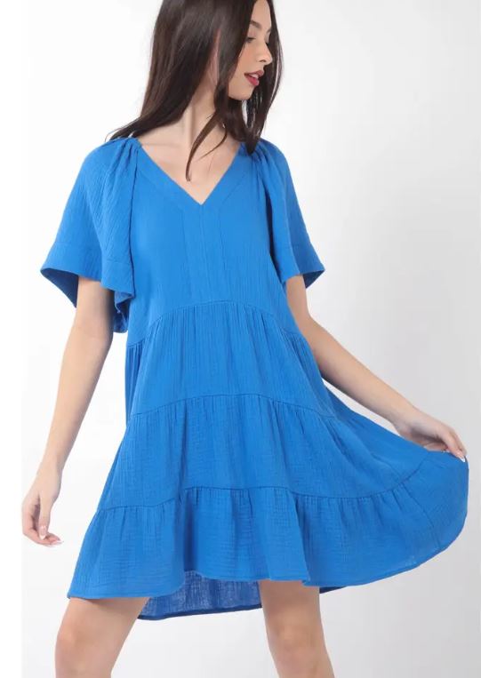 Very J Blue Solid Babydoll Tiered Flare Mini Dress ND31159