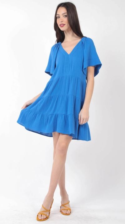 Very J Blue Solid Babydoll Tiered Flare Mini Dress ND31159