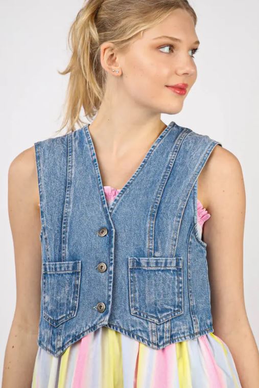Very J Indigo V-Neck Washed Denim Crop Vest VJ90977