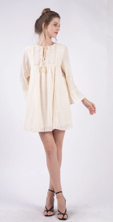 Very J Ivory Dobby Dots Stripes Mesh Tulle Sheer Chiffon Mini Dress ND31212