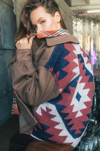 Very J Mocha Back Aztec Graphic Detail women's Jacket 12W2605N-MOCHA