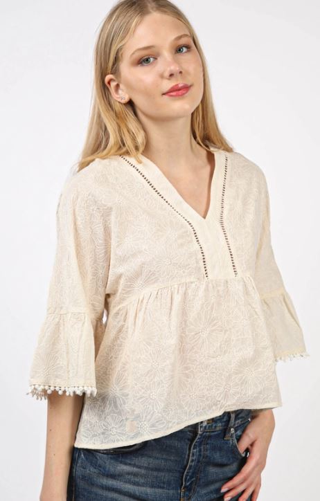 Very J Natural V-Neck Oversized Embroidery Woven Blouse Top NT11473