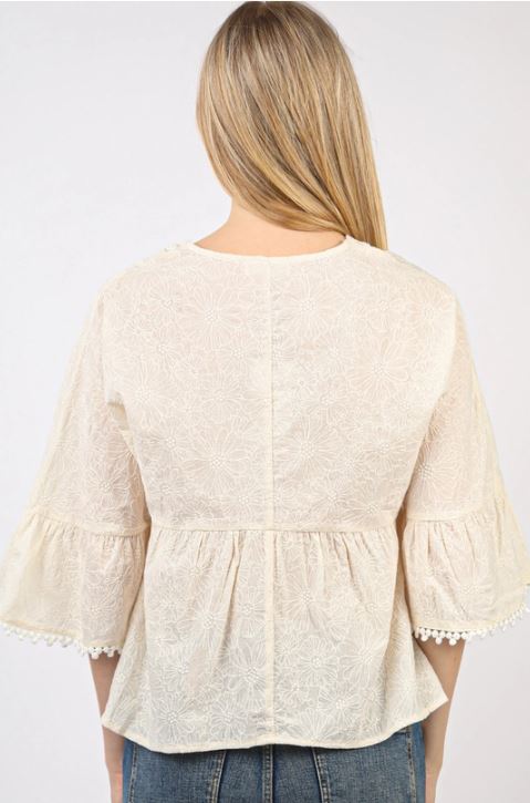 Very J Natural V-Neck Oversized Embroidery Woven Blouse Top NT11473