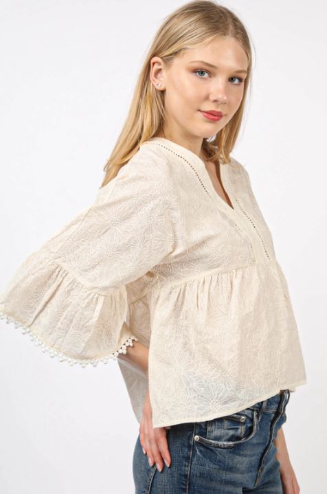 Very J Natural V-Neck Oversized Embroidery Woven Blouse Top NT11473