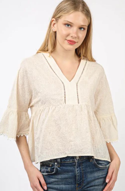 Very J Natural V-Neck Oversized Embroidery Woven Blouse Top NT11473