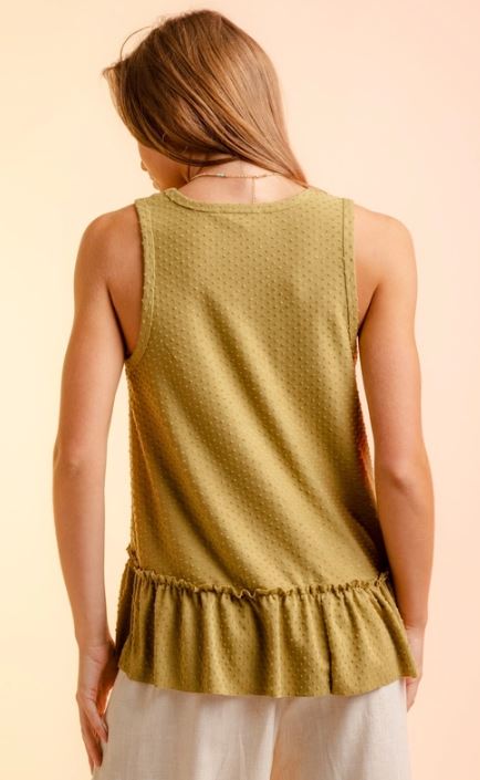 Very J Olive Sleeveless Dotted Swiss Ruffle Hem Top NT11016