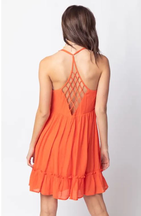 Very J Orange Woven Lattice Open Back Women's Mini Dress ND30254