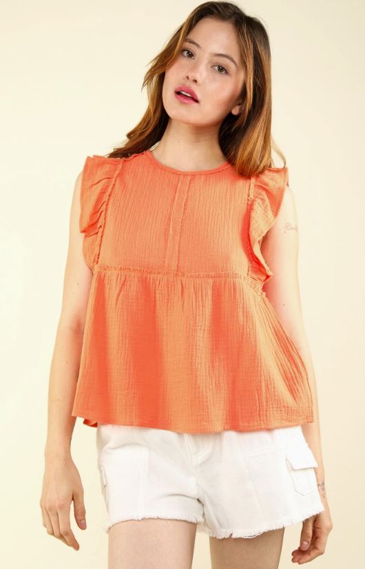 Very J Papaya Babydoll Top with Armhole Ruffles NT11442-PAPAYA
