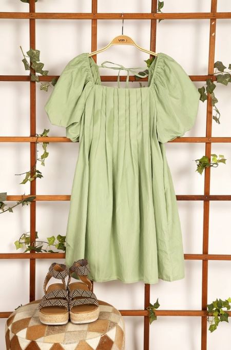 Very J Sage Puff Sleeve Pleated Spring Mini Dress ND31277
