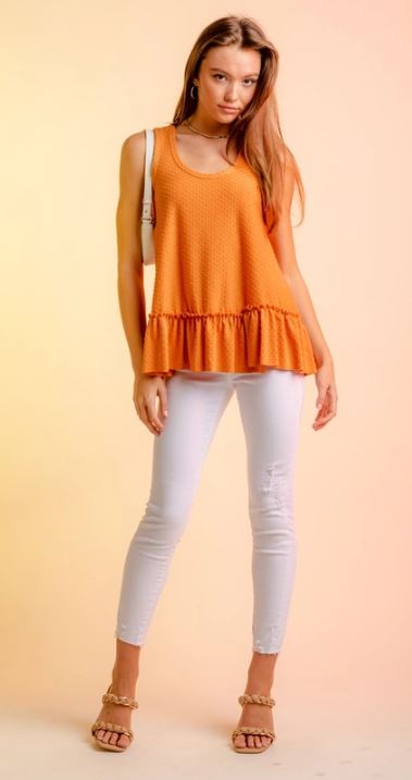 Very J Salmon Orange Sleeveless Dotted Swiss Ruffle Hem Top NT11016