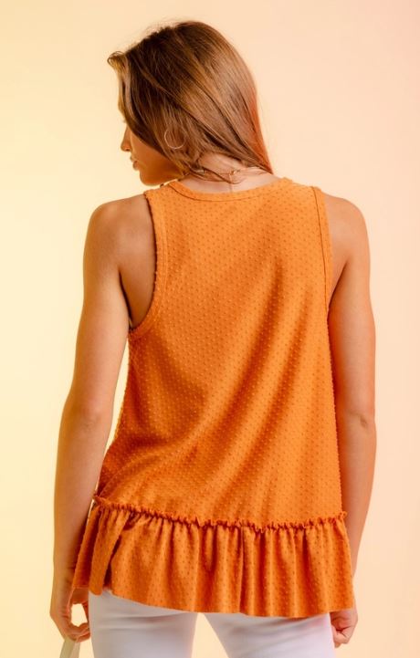 Very J Salmon Orange Sleeveless Dotted Swiss Ruffle Hem Top NT11016