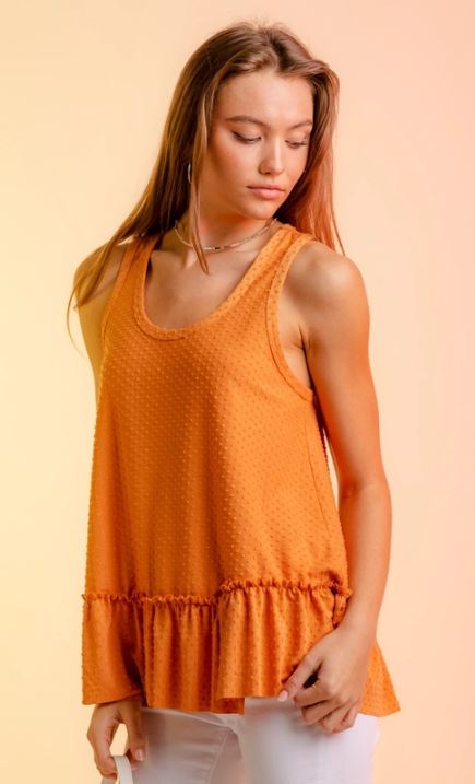 Very J Salmon Orange Sleeveless Dotted Swiss Ruffle Hem Top NT11016