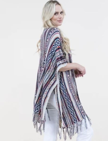 Very Moda Beige/Navy Tribal Stripe Women's Kimono With Fringe FP64041-BN