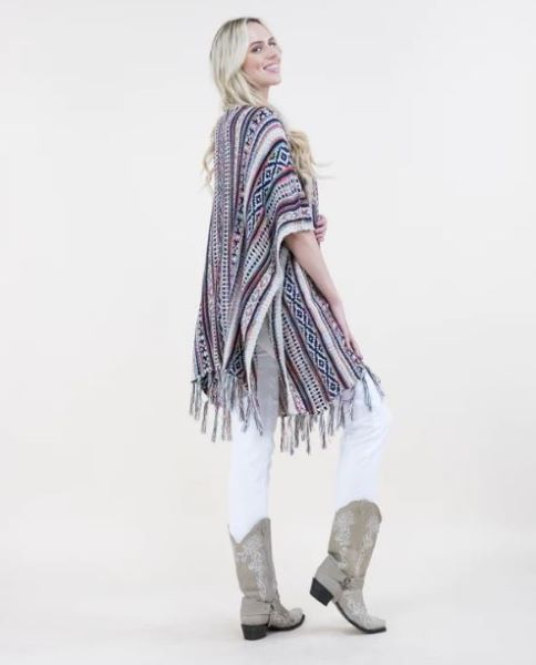 Very Moda Beige/Navy Tribal Stripe Women's Kimono With Fringe FP64041-BN