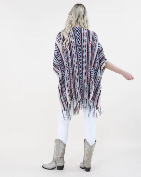 Very Moda Beige/Navy Tribal Stripe Women's Kimono With Fringe FP64041-BN