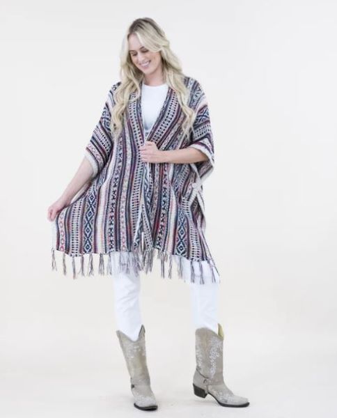 Very Moda Beige/Navy Tribal Stripe Women's Kimono with Fringe FP64041-BN