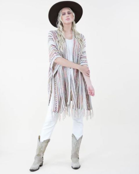 Very Moda Beige Tribal Stripe Women's Kimono with Fringe FP64041-BEIGE