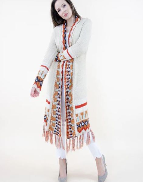 Very Moda Beige Tribal Women's Cardigan with Fringe FP64097-BG