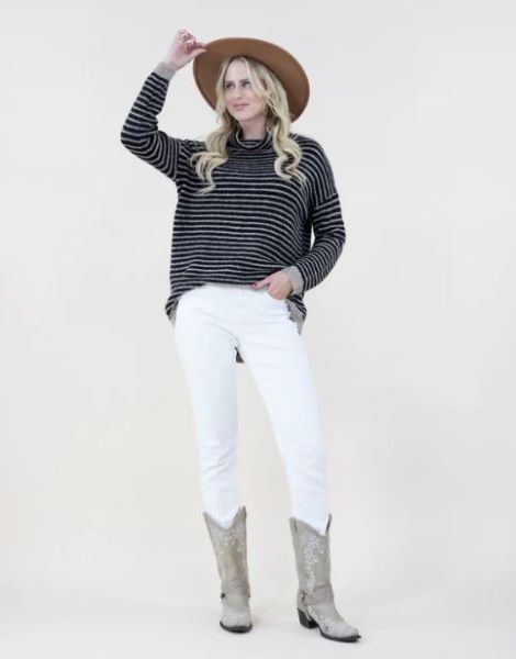 Very Moda Black Comfy Stripe Turtleneck Women's Sweater FP62501-BK