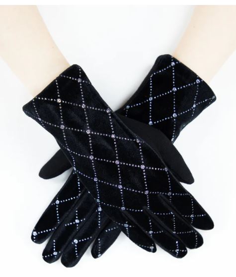 Very Moda Black Diamond Rhinestone Adult Gloves GL12264