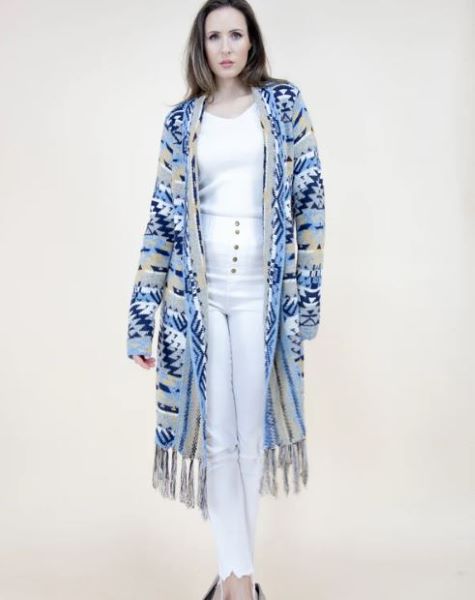 Very Moda Blue Aztec Bohemian Stripe Women's Cardigan w/Fringe FP64092-BL