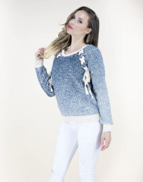 Very Moda Blue Women's Laced Shoulder Sweater FP63045-BL