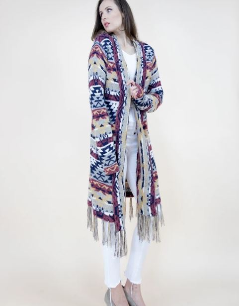 Very Moda Burgundy and Navy Aztec Bohemian Stripe Womens Cardigan with Fringe FP64092-BDNV