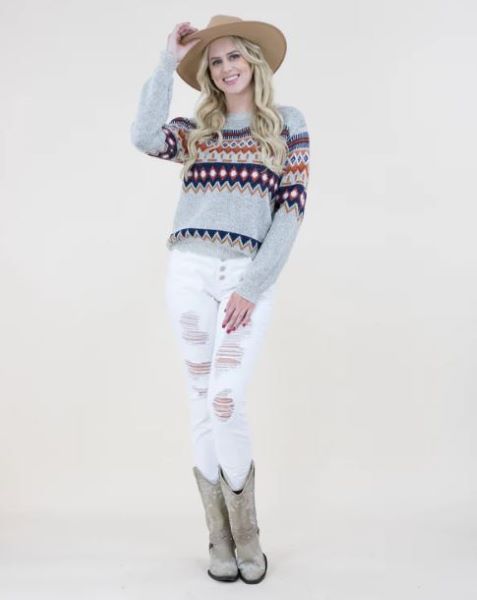 Very Moda Geo Pattern Beige Women's Crewneck Sweater FP64045-BG