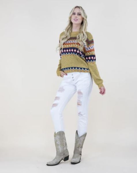 Very Moda Mustard Women's Geo Pattern Crewneck Sweater FP64045-MS