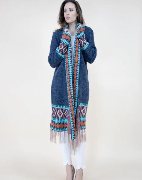 Very Moda Navy Inca Tribal Long Sleeve Cardigan with Fringe FP64081-NV