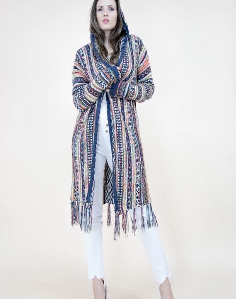 Very Moda Navy Tribal Stripe Womens Hooded Cardigan with Fringe FP64088-NV