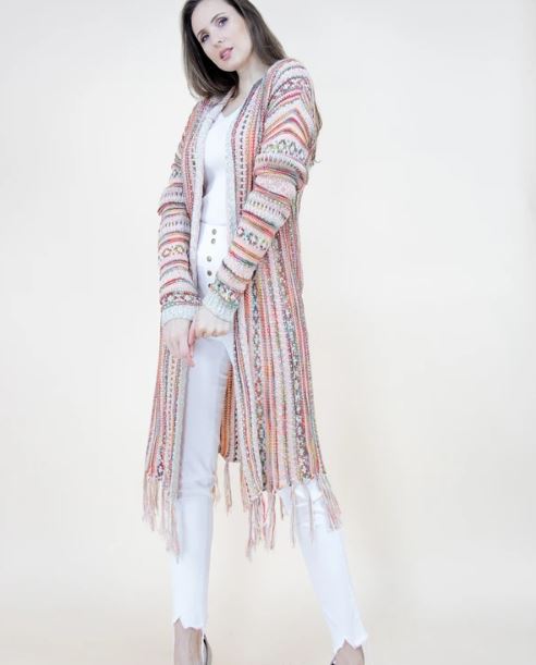 Very Moda Peach Tribal Striped Womens Hooded Cardigan with Fringe FP64088-PH