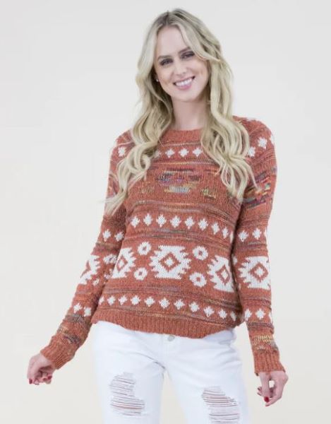 Very Moda Rust Vibrant Color Aztec Print Sweater FP64046-RT