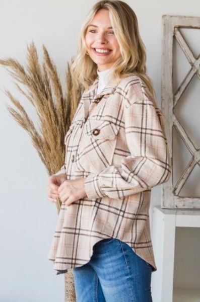Veveret Beige Plaid Button Down Shacket In Curvy Sizes VJ52888APL