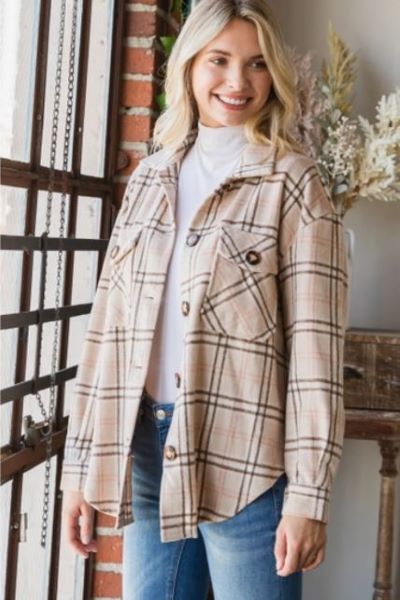 Veveret Beige Plaid Button Down Shacket In Curvy Sizes VJ52888APL
