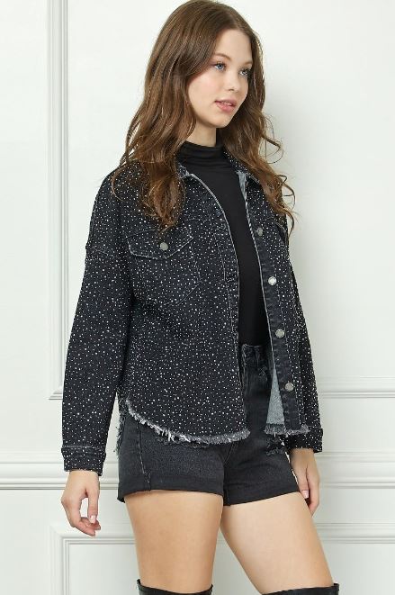 Veveret Black Denim Sparkling Snap Button Women's Denim Shacket VJ71479-BLK