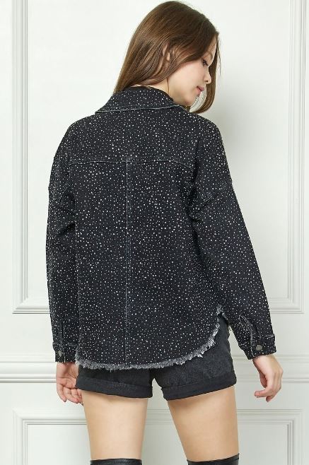 Veveret Black Denim Sparkling Snap Button Women's Denim Shacket VJ71479-BLK