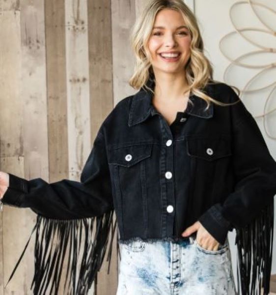 Veveret Black Fringe Womens Denim Jacket VJ70761-BLK