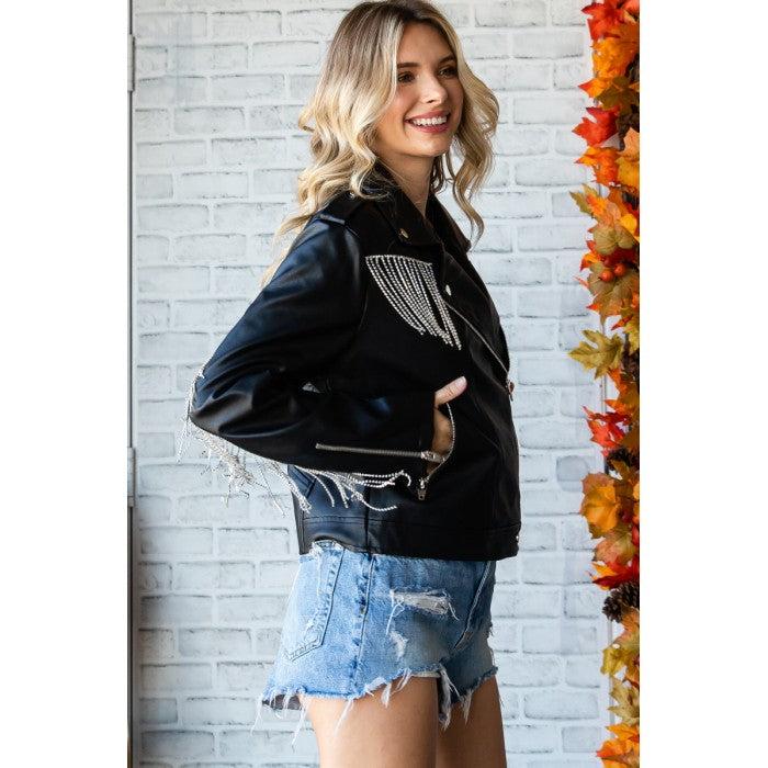 Veveret Black Rhinestone Fringed Womens Faux Leather Jacket VJ71411