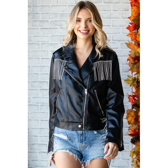 Veveret Black Rhinestone Fringed Womens Faux Leather Jacket VJ71411