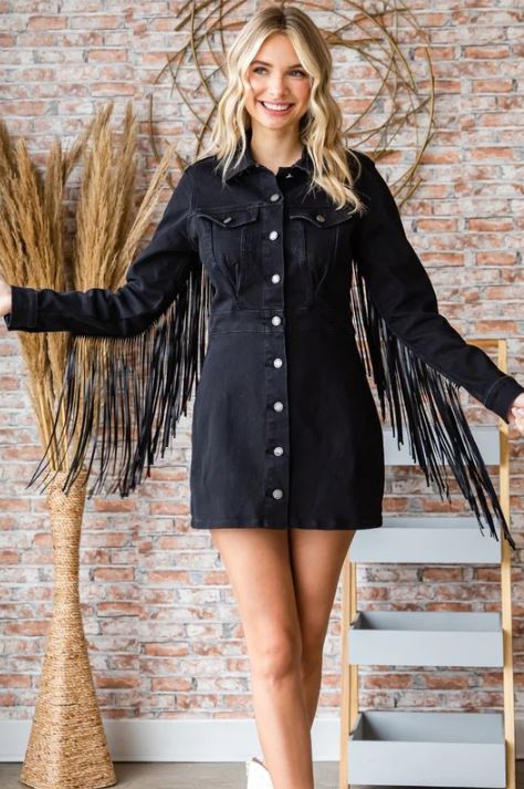 Veveret Black Women's Denim Dress with Fringe VD71588