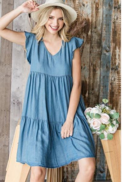 Veveret Blue Chambray Flutter Sleeve Women's Mini Dress VD53188