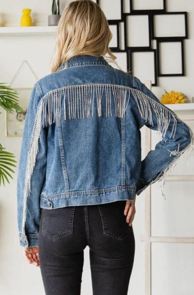 Veveret Blue Rhinestone Fringed Denim Jacket VJ71462