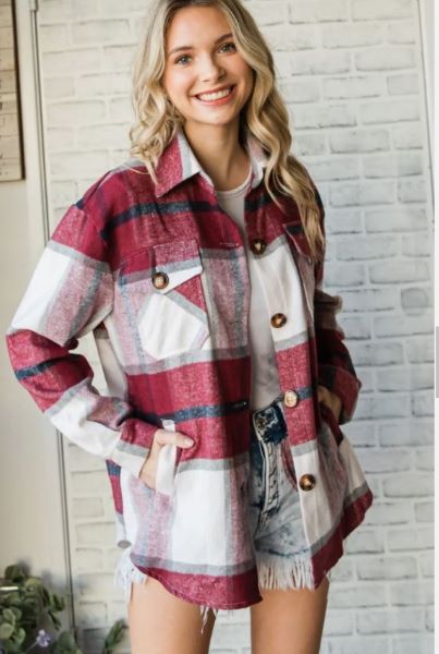 Veveret Burgundy Plaid Button Down Women's Shacket (Thin Fabric) VJ52884S-BURG